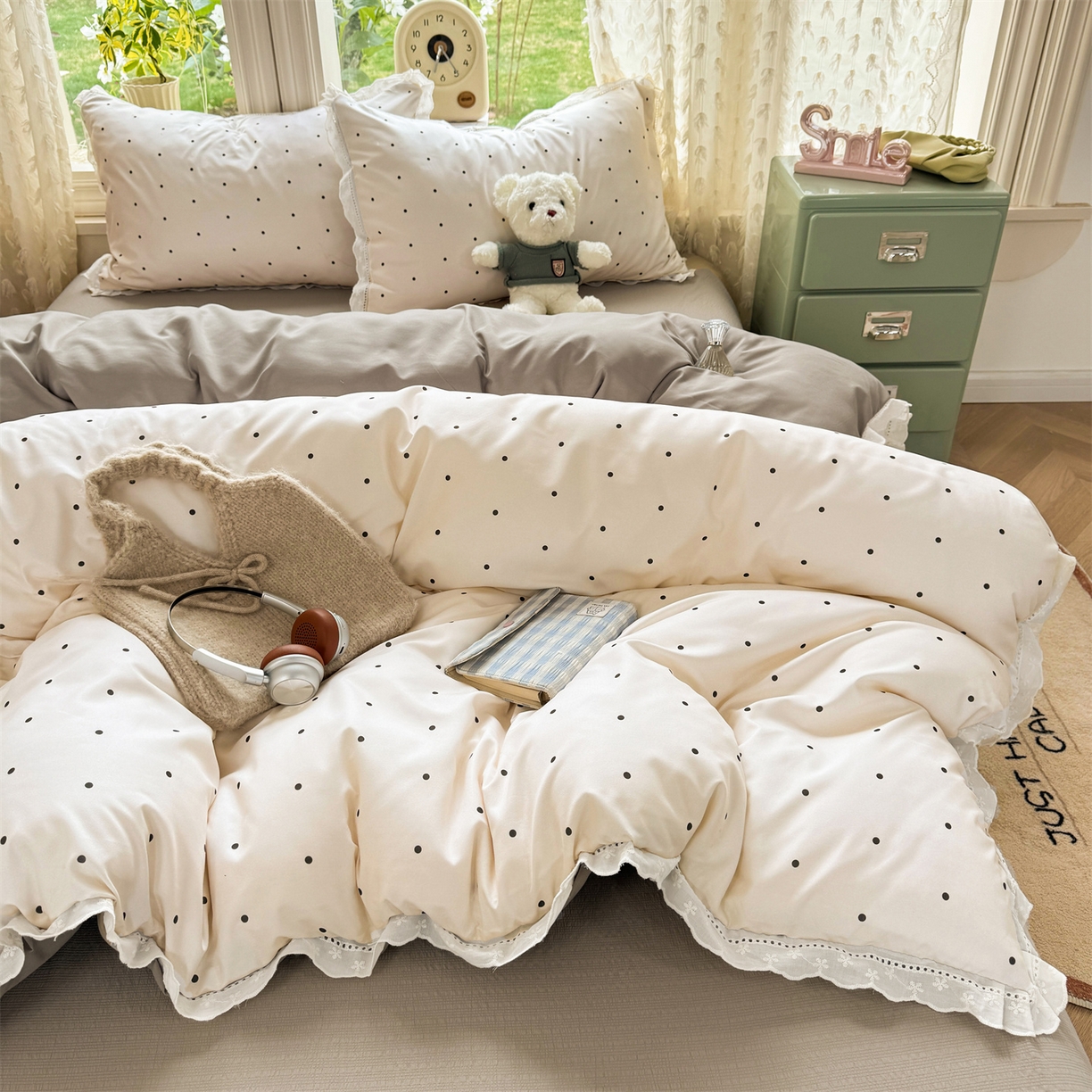 91家纺网 家纺一手货源 找家纺 优贝家纺 2026新款云感皱皱纱韩系花边四件套 甜美波点