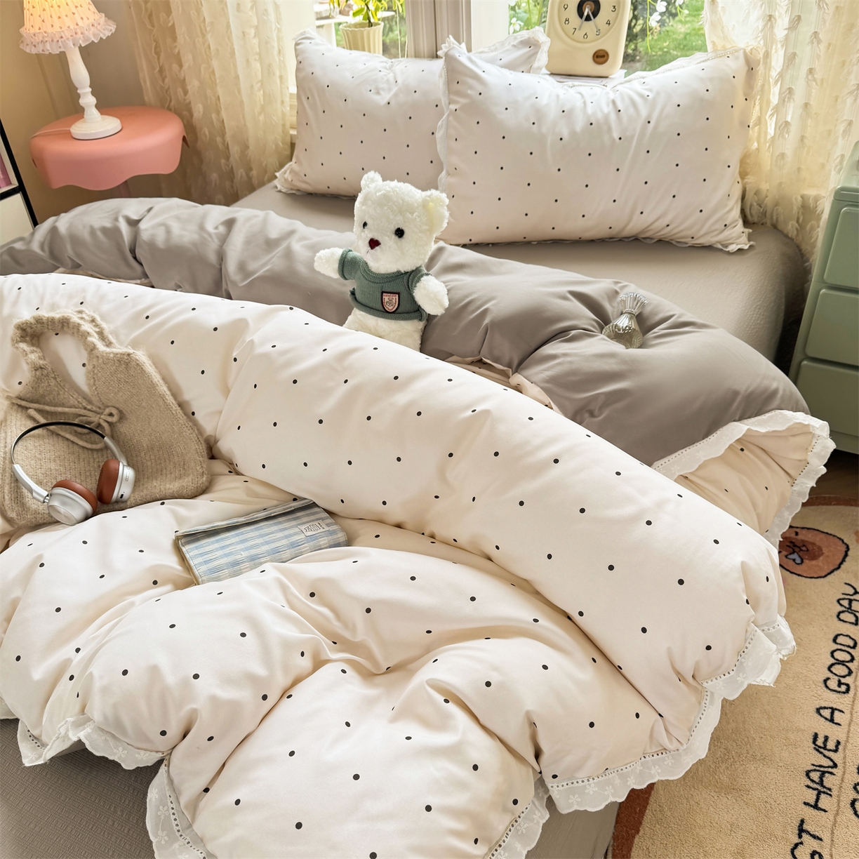 91家纺网 家纺一手货源 找家纺 优贝家纺 2026新款云感皱皱纱韩系花边四件套 甜美波点