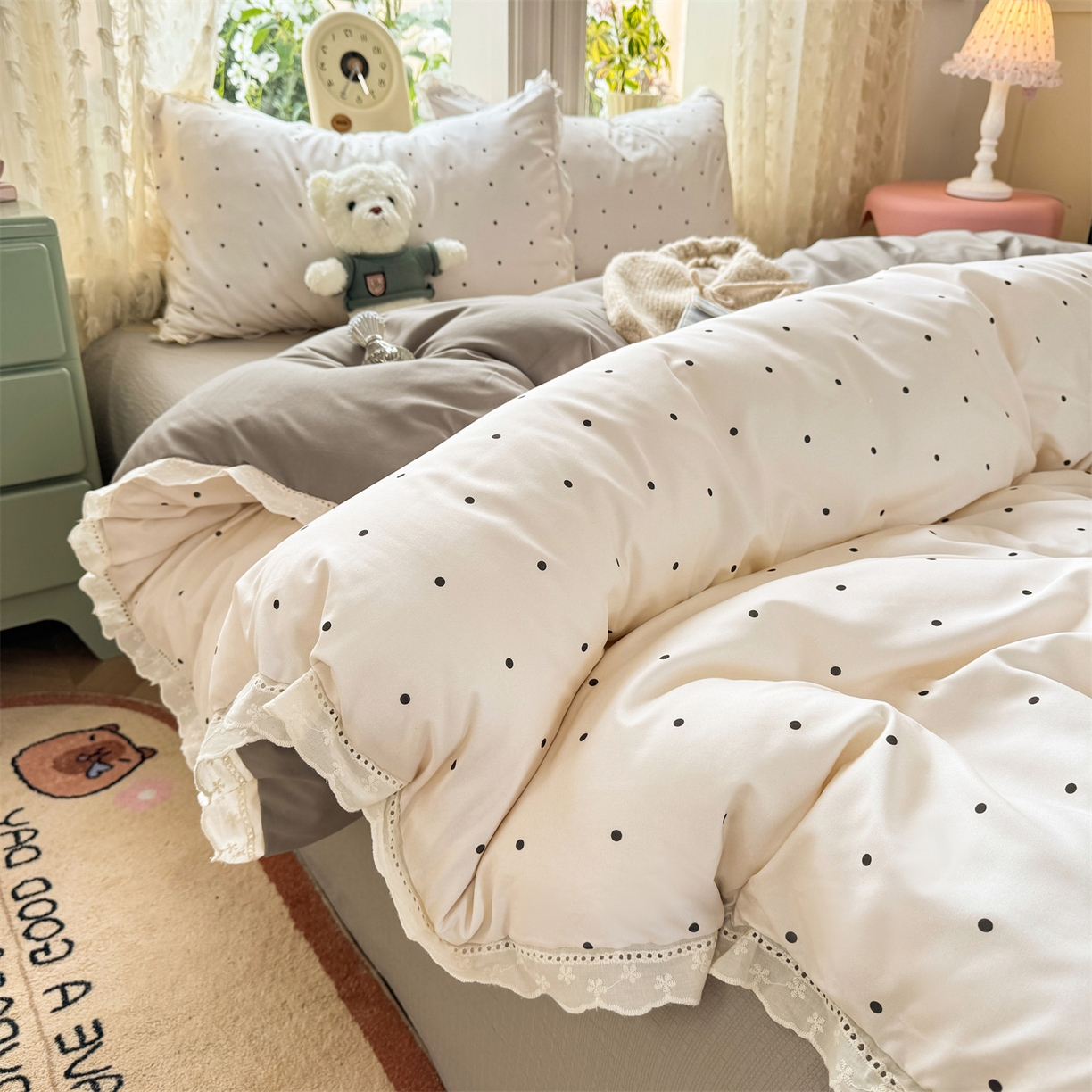 91家纺网 家纺一手货源 找家纺 优贝家纺 2026新款云感皱皱纱韩系花边四件套 甜美波点