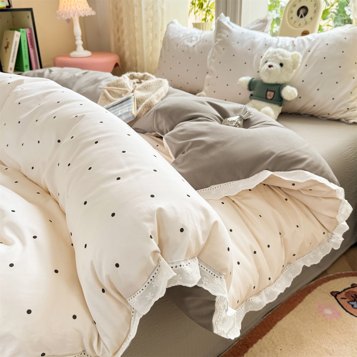 91家纺网 家纺一手货源 找家纺 优贝家纺 2026新款云感皱皱纱韩系花边四件套 甜美波点