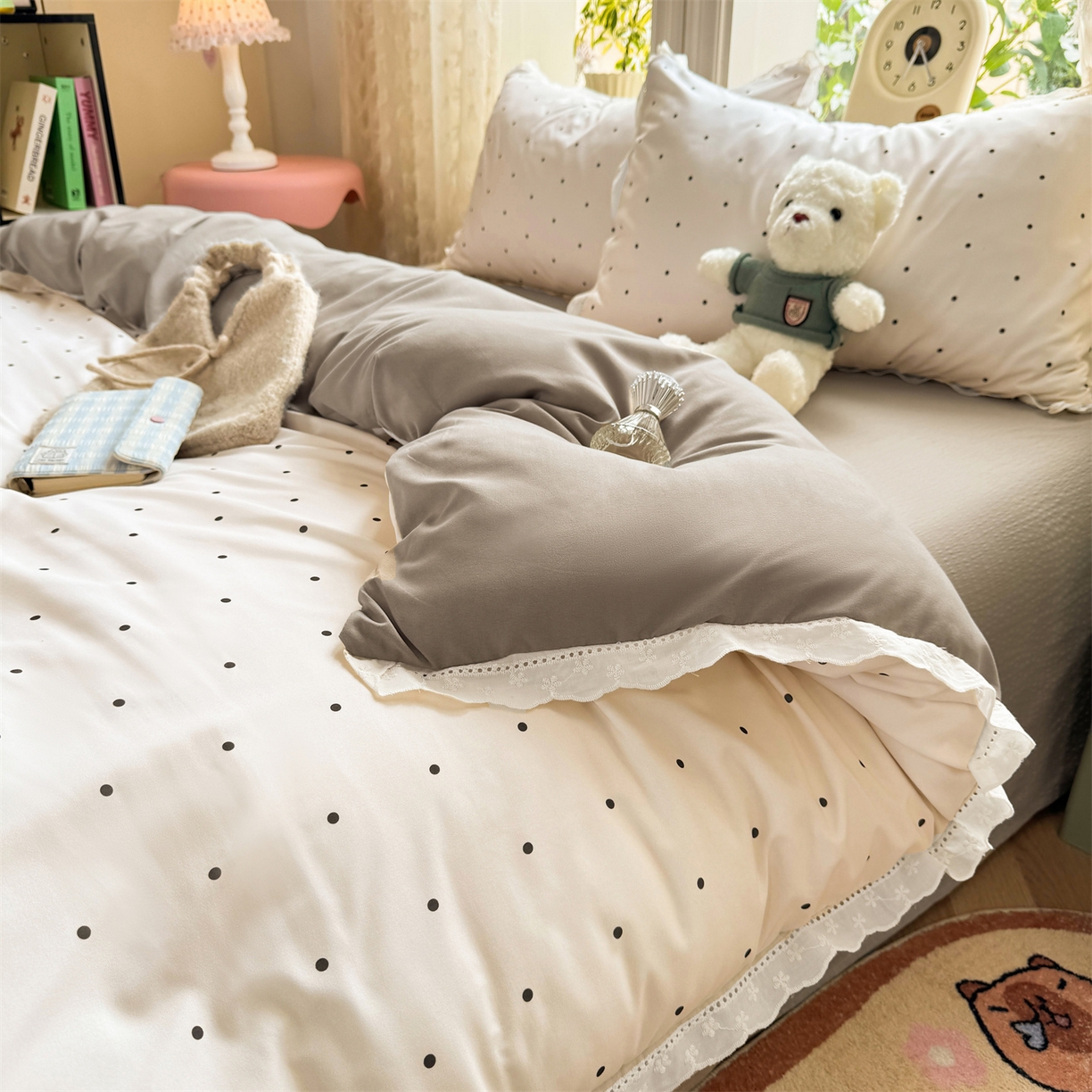 91家纺网 家纺一手货源 找家纺 优贝家纺 2026新款云感皱皱纱韩系花边四件套 甜美波点