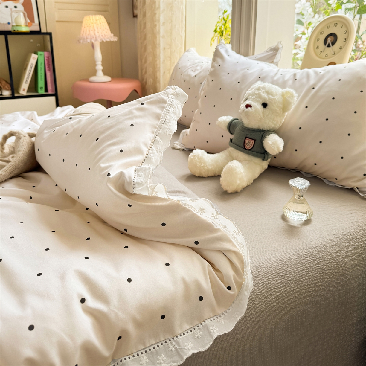 91家纺网 家纺一手货源 找家纺 优贝家纺 2026新款云感皱皱纱韩系花边四件套 甜美波点