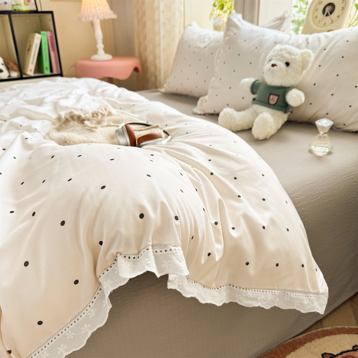 91家纺网 家纺一手货源 找家纺 优贝家纺 2026新款云感皱皱纱韩系花边四件套 甜美波点