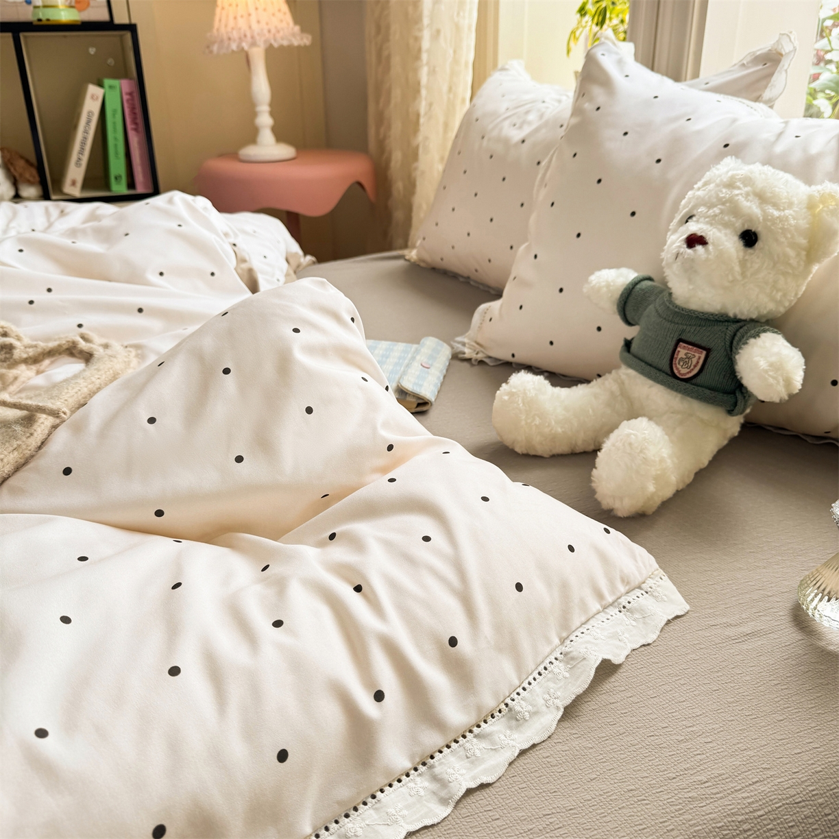 91家纺网 家纺一手货源 找家纺 优贝家纺 2026新款云感皱皱纱韩系花边四件套 甜美波点