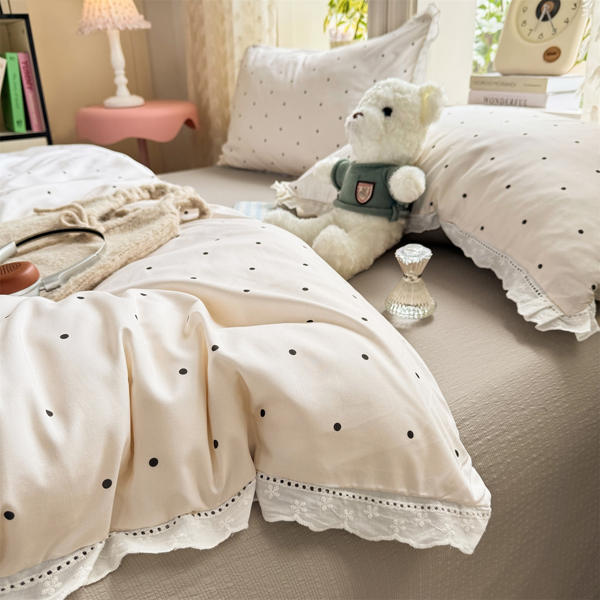 91家纺网 家纺一手货源 找家纺 优贝家纺 2026新款云感皱皱纱韩系花边四件套 甜美波点