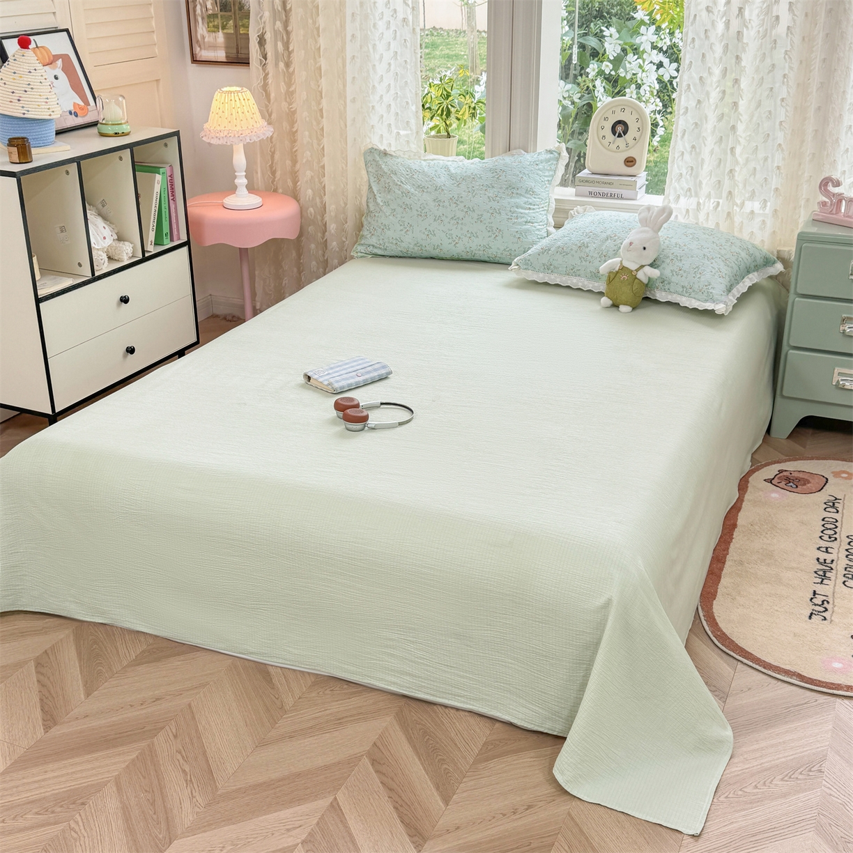 91家纺网 家纺一手货源 找家纺 优贝家纺 2026新款云感皱皱纱韩系花边四件套 栀子花