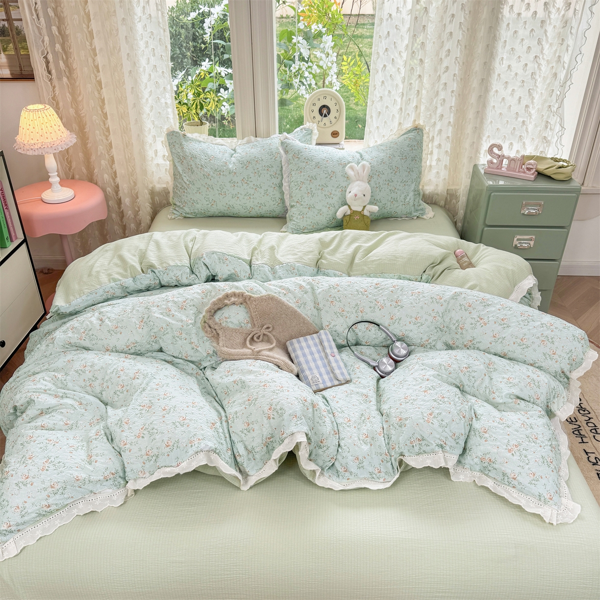 91家纺网 家纺一手货源 找家纺 优贝家纺 2026新款云感皱皱纱韩系花边四件套 栀子花