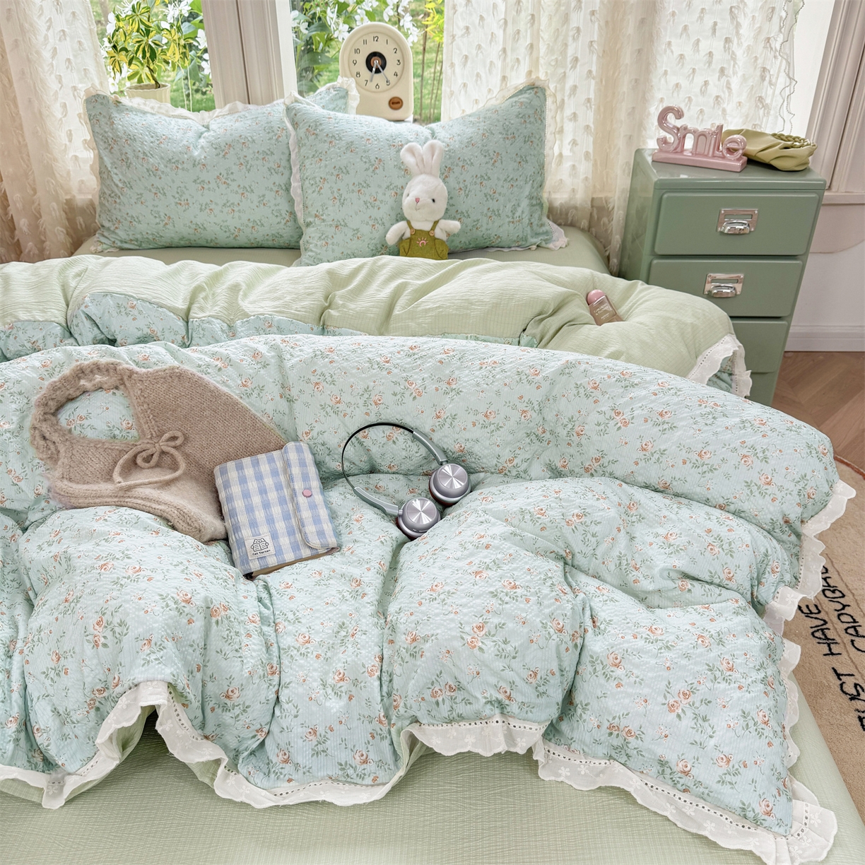 91家纺网 家纺一手货源 找家纺 优贝家纺 2026新款云感皱皱纱韩系花边四件套 栀子花