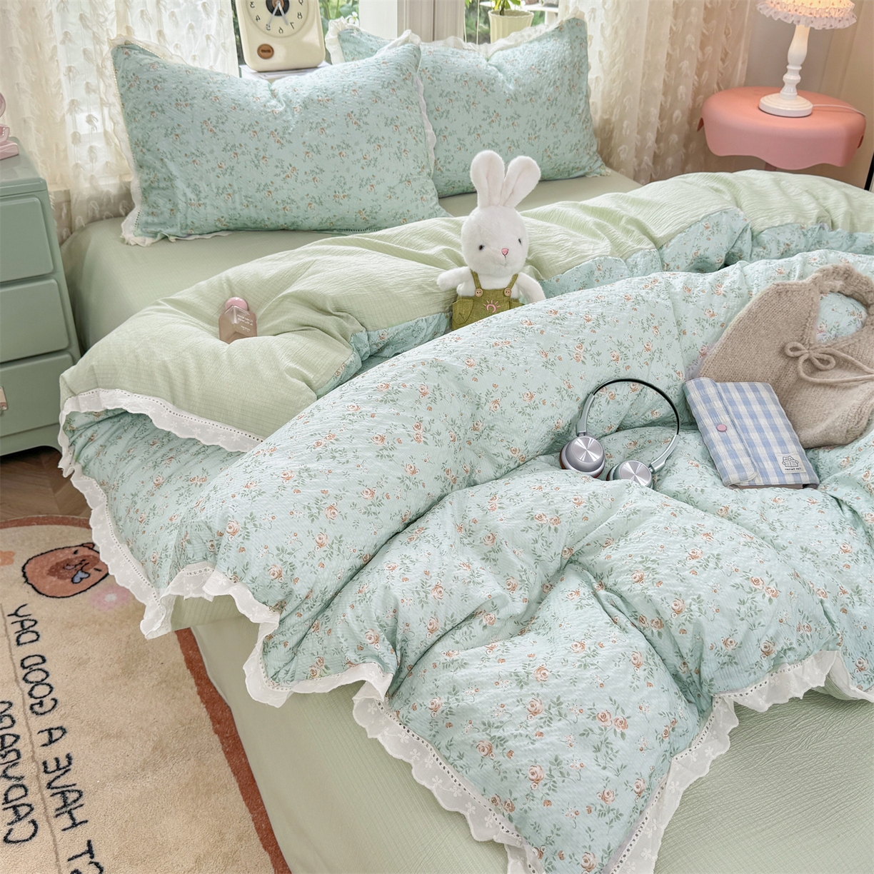 91家纺网 家纺一手货源 找家纺 优贝家纺 2026新款云感皱皱纱韩系花边四件套 栀子花