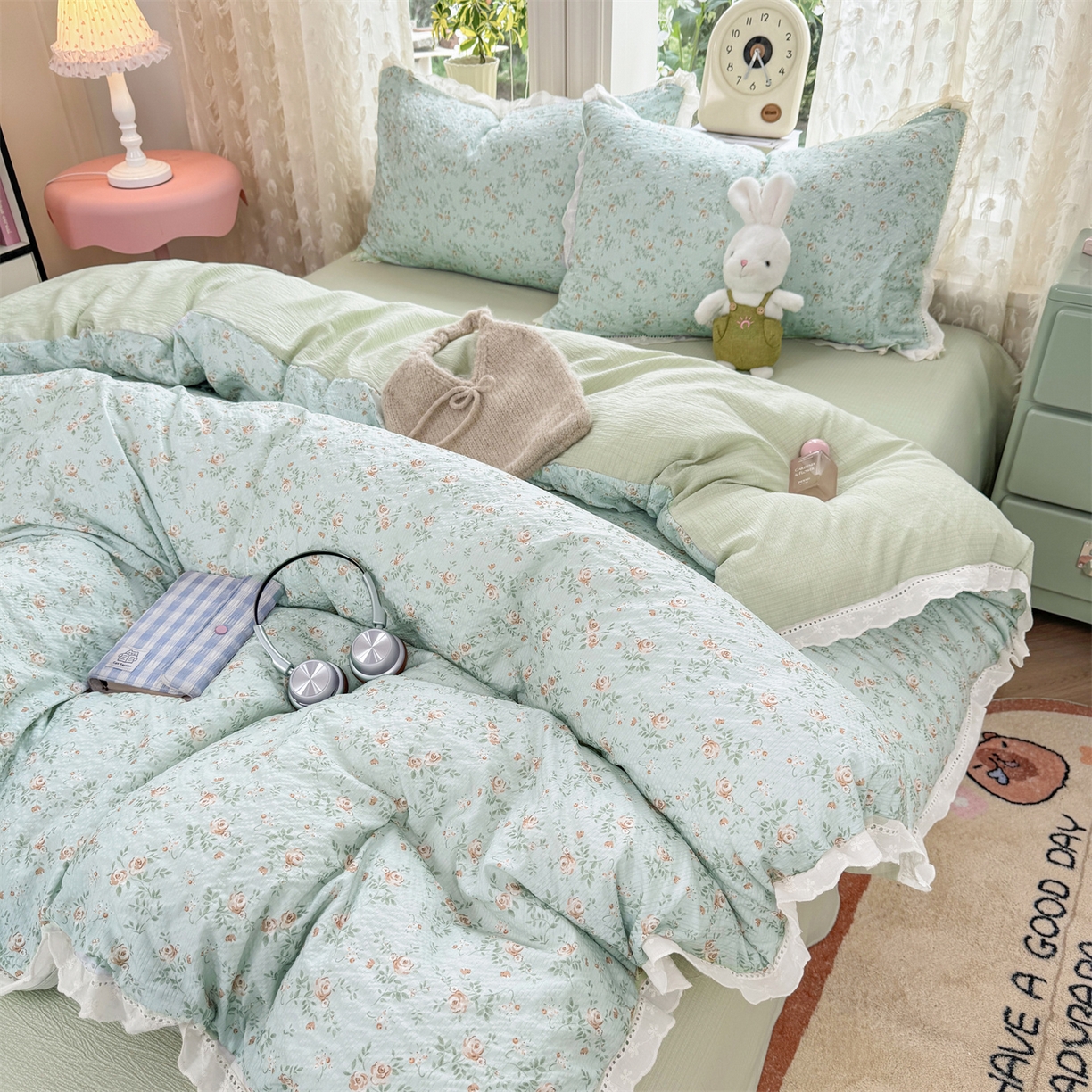 91家纺网 家纺一手货源 找家纺 优贝家纺 2026新款云感皱皱纱韩系花边四件套 栀子花