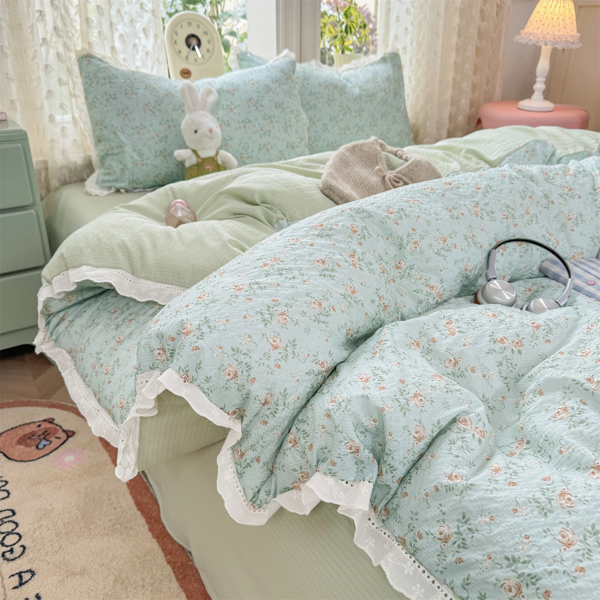 91家纺网 家纺一手货源 找家纺 优贝家纺 2026新款云感皱皱纱韩系花边四件套 栀子花