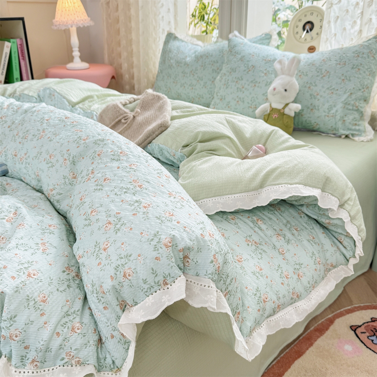 91家纺网 家纺一手货源 找家纺 优贝家纺 2026新款云感皱皱纱韩系花边四件套 栀子花