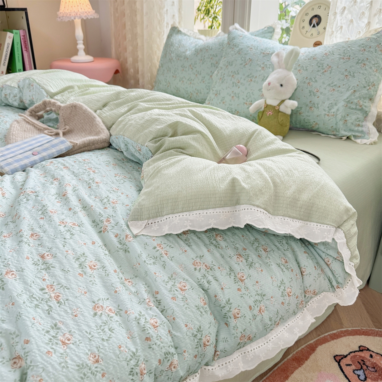 91家纺网 家纺一手货源 找家纺 优贝家纺 2026新款云感皱皱纱韩系花边四件套 栀子花