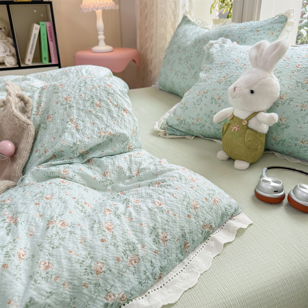 91家纺网 家纺一手货源 找家纺 优贝家纺 2026新款云感皱皱纱韩系花边四件套 栀子花