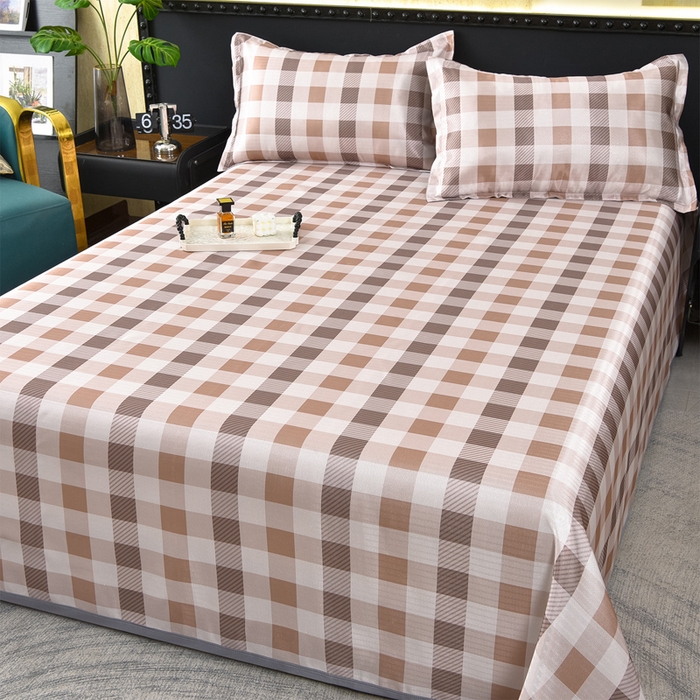 91家纺网 家纺一手货源 找家纺 念家居 2026新款轻奢可机洗水洗床单款高密大版斜纹冰丝凉席三件套 粉棕格纹