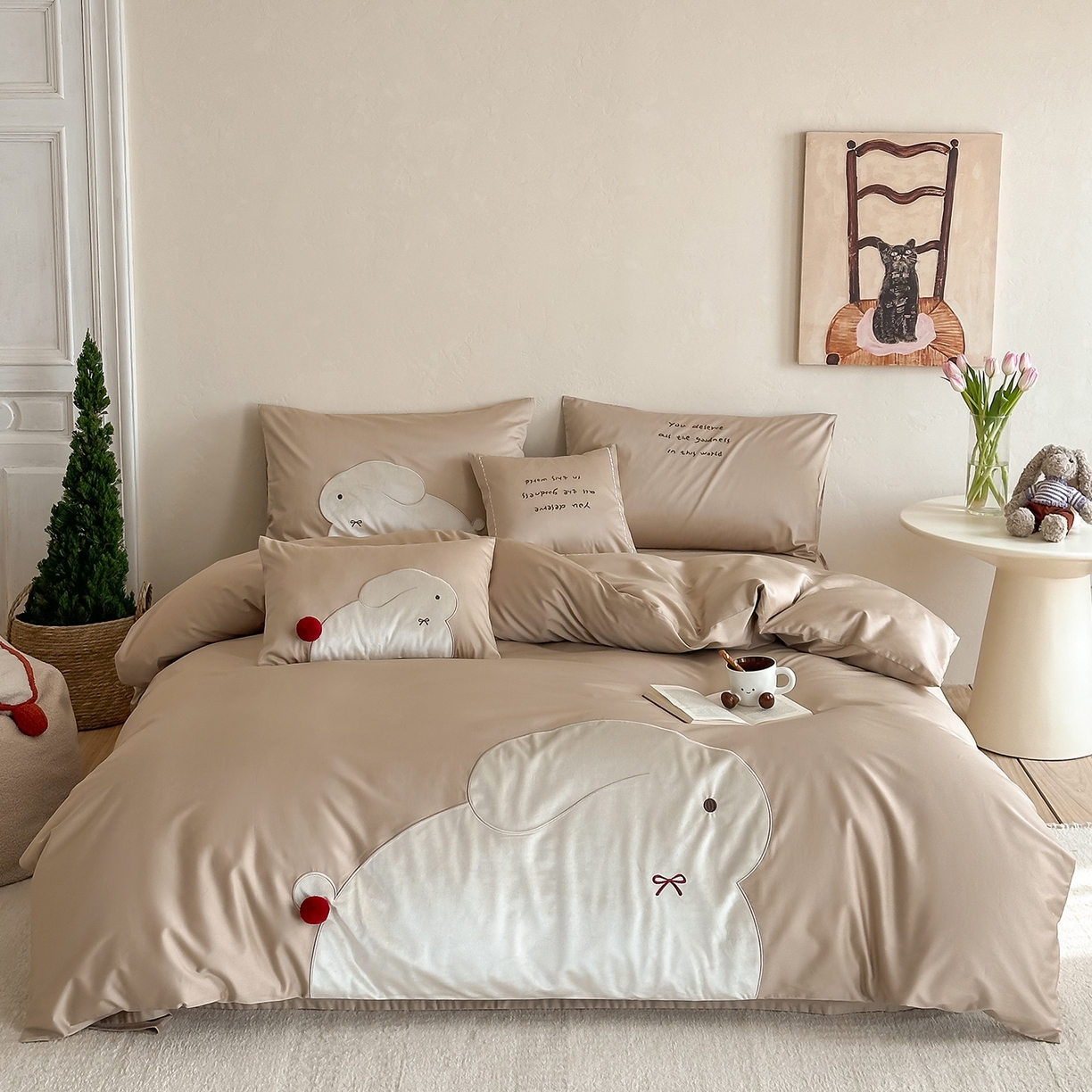 91家纺网 家纺一手货源 找家纺 （总）极简 2026春夏新款100S长绒棉刺绣四件套-蝴蝶结小兔