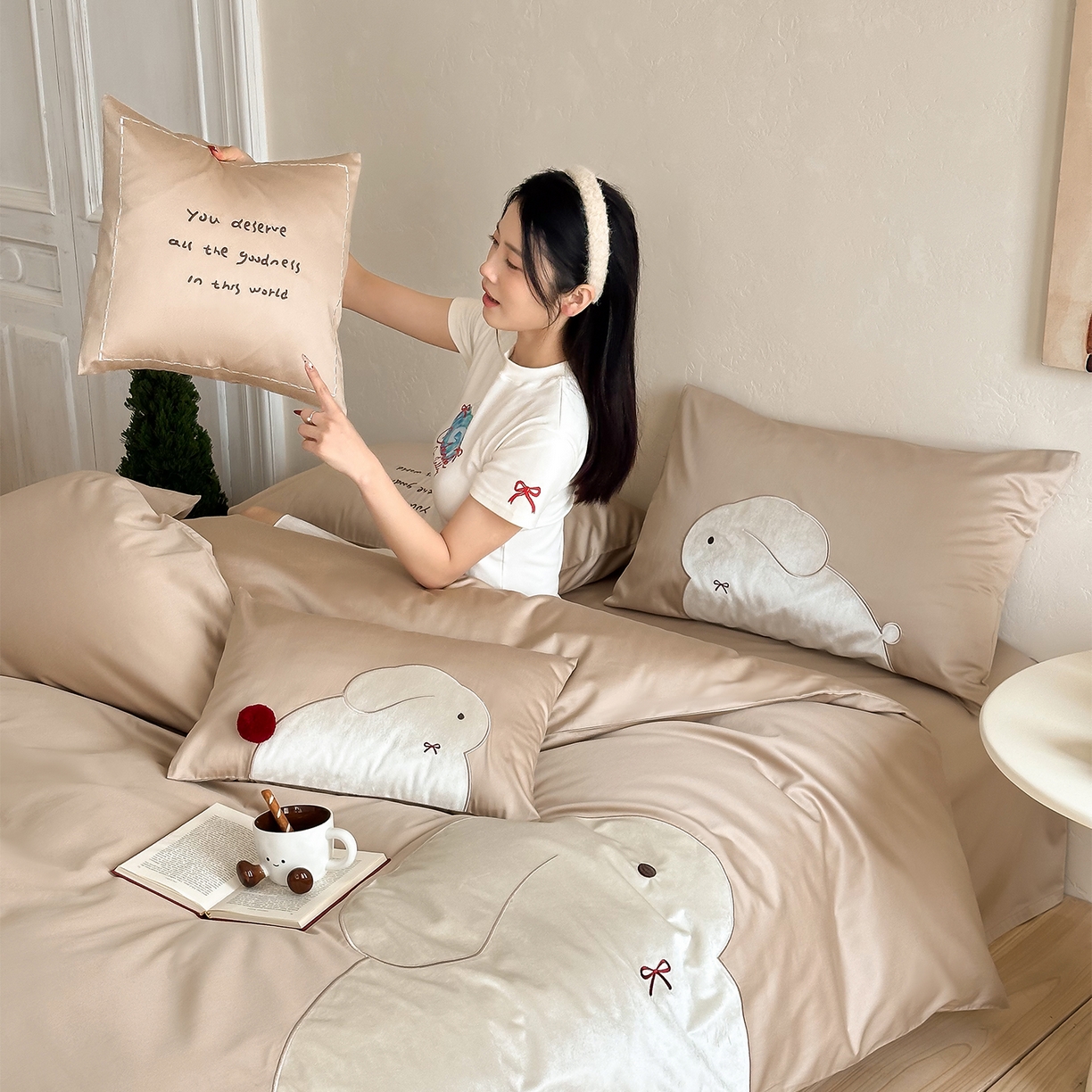 91家纺网 家纺一手货源 找家纺 （总）极简 2026春夏新款100S长绒棉刺绣四件套-蝴蝶结小兔