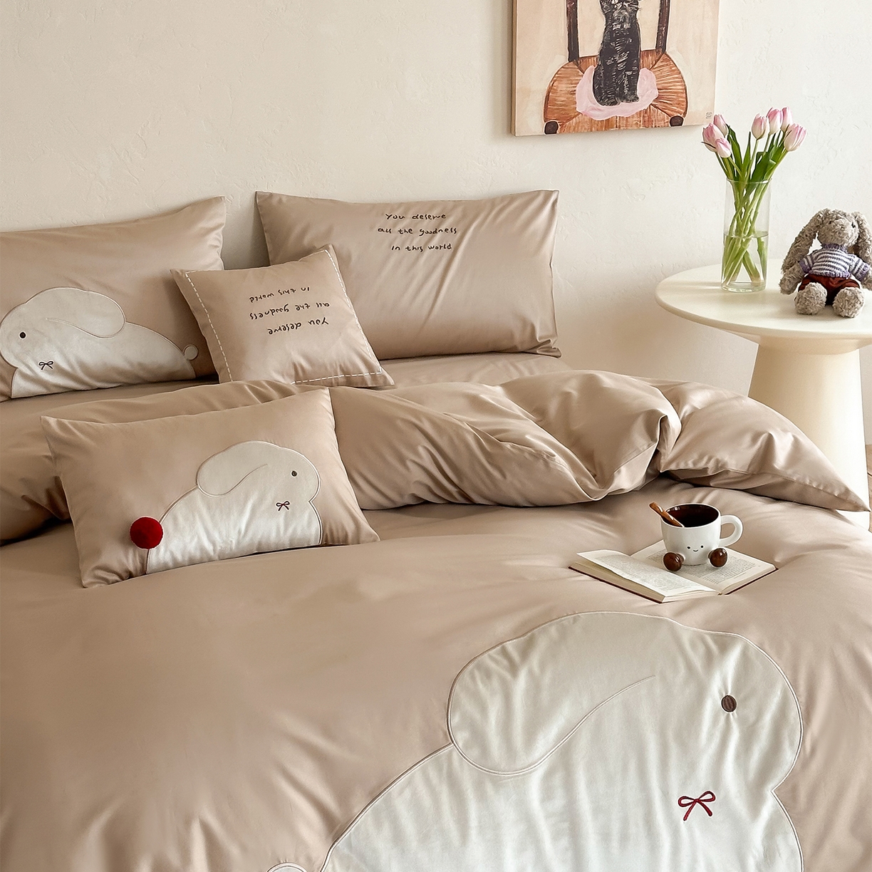 91家纺网 家纺一手货源 找家纺 （总）极简 2026春夏新款100S长绒棉刺绣四件套-蝴蝶结小兔