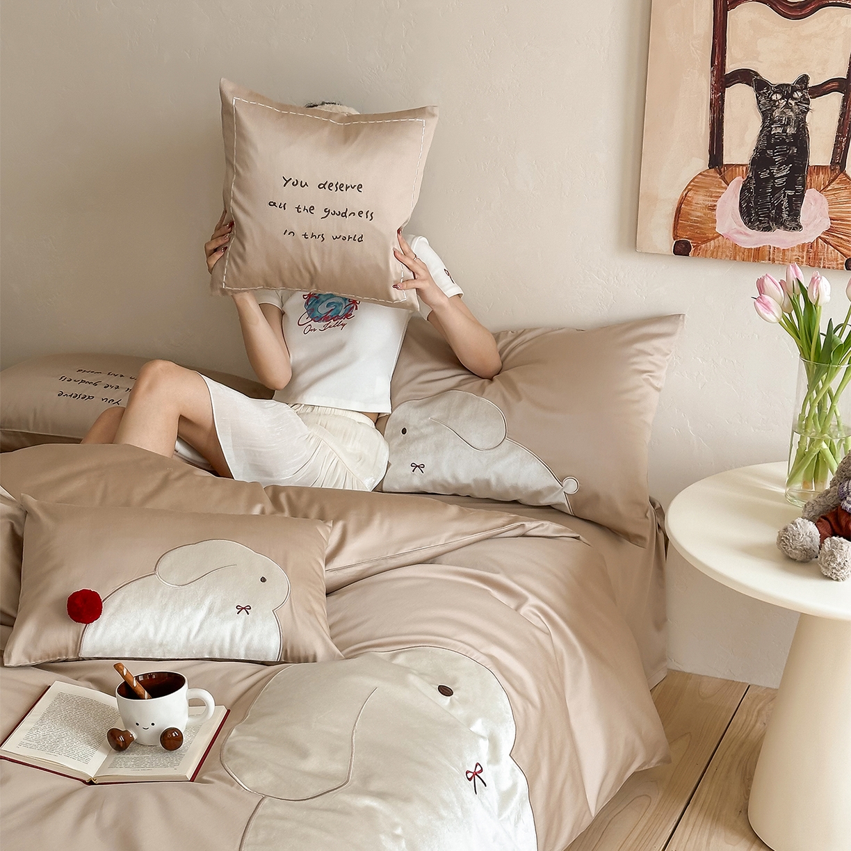 91家纺网 家纺一手货源 找家纺 （总）极简 2026春夏新款100S长绒棉刺绣四件套-蝴蝶结小兔