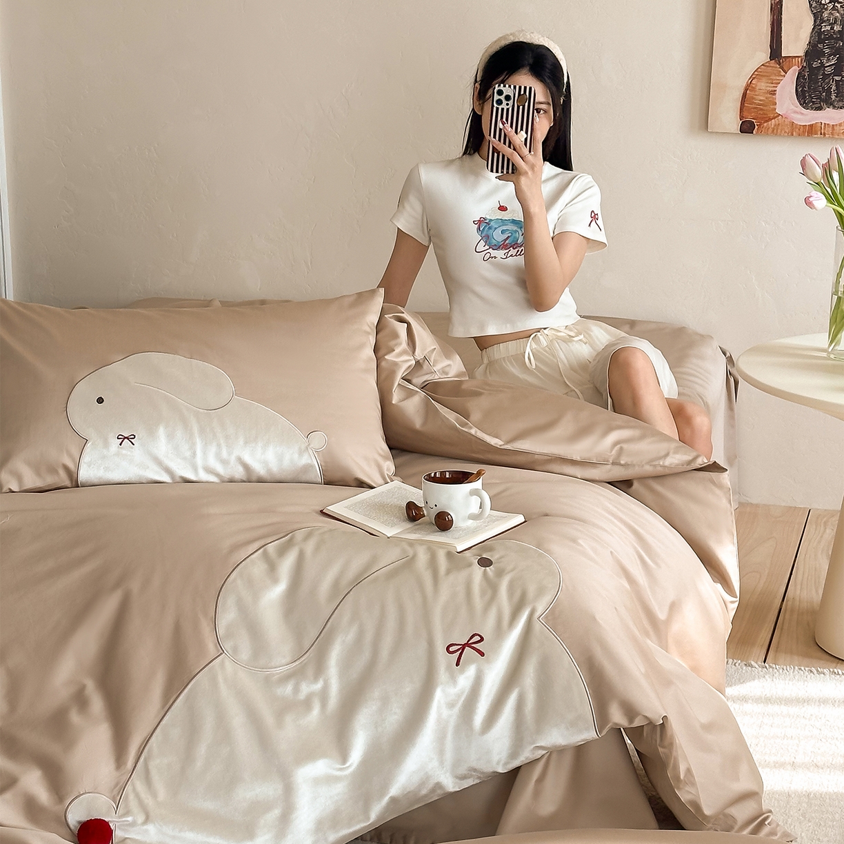 91家纺网 家纺一手货源 找家纺 （总）极简 2026春夏新款100S长绒棉刺绣四件套-蝴蝶结小兔