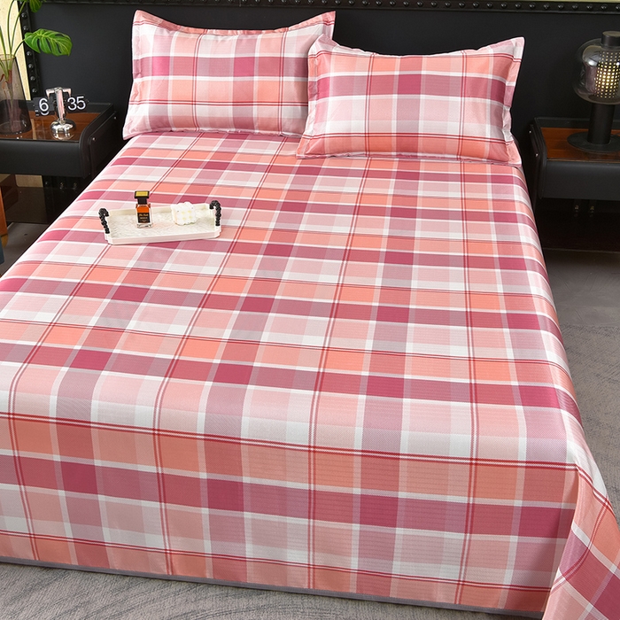 91家纺网 家纺一手货源 找家纺 念家居 2026新款轻奢可机洗水洗床单款高密大版斜纹冰丝凉席三件套 红白格纹