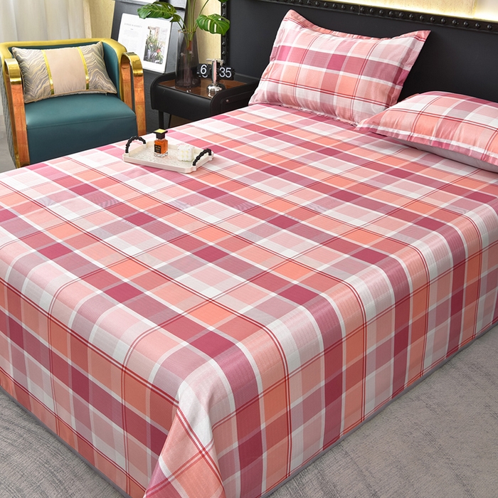 91家纺网 家纺一手货源 找家纺 念家居 2026新款轻奢可机洗水洗床单款高密大版斜纹冰丝凉席三件套 红白格纹