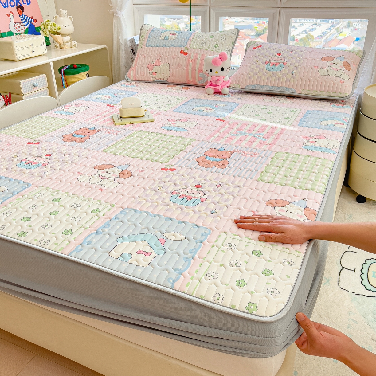 丝羽坊 2026新款高密凉感丝印花乳胶凉席-床笠款 萌宠拼格