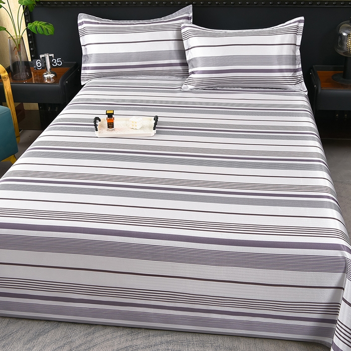 91家纺网 家纺一手货源 找家纺 念家居 2026新款轻奢可机洗水洗床单款高密大版斜纹冰丝凉席三件套 灰紫条纹