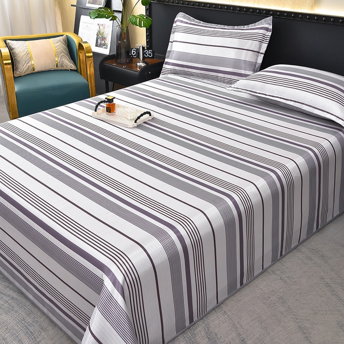 91家纺网 家纺一手货源 找家纺 念家居 2026新款轻奢可机洗水洗床单款高密大版斜纹冰丝凉席三件套 灰紫条纹