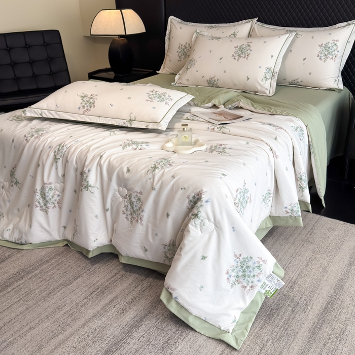 91家纺网 家纺一手货源 找家纺 赛丽雅 2026新款拼角轻奢冰丝凉感夏被四件套 花束