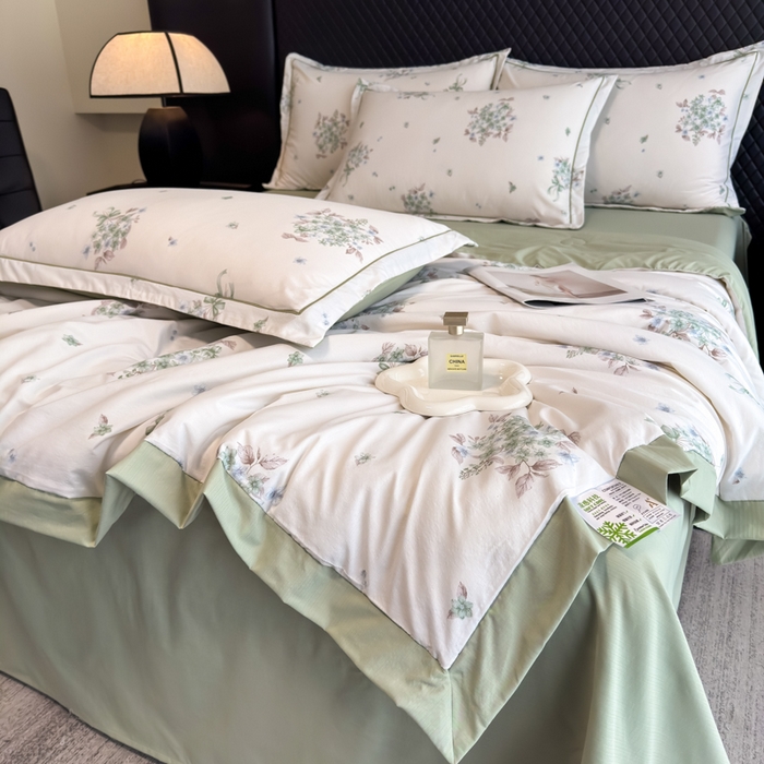 91家纺网 家纺一手货源 找家纺 赛丽雅 2026新款拼角轻奢冰丝凉感夏被四件套 花束