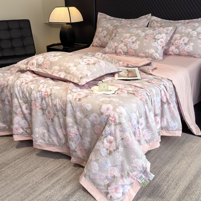 91家纺网 家纺一手货源 找家纺 赛丽雅 2026新款拼角轻奢冰丝凉感夏被四件套 莫奈花园-灰