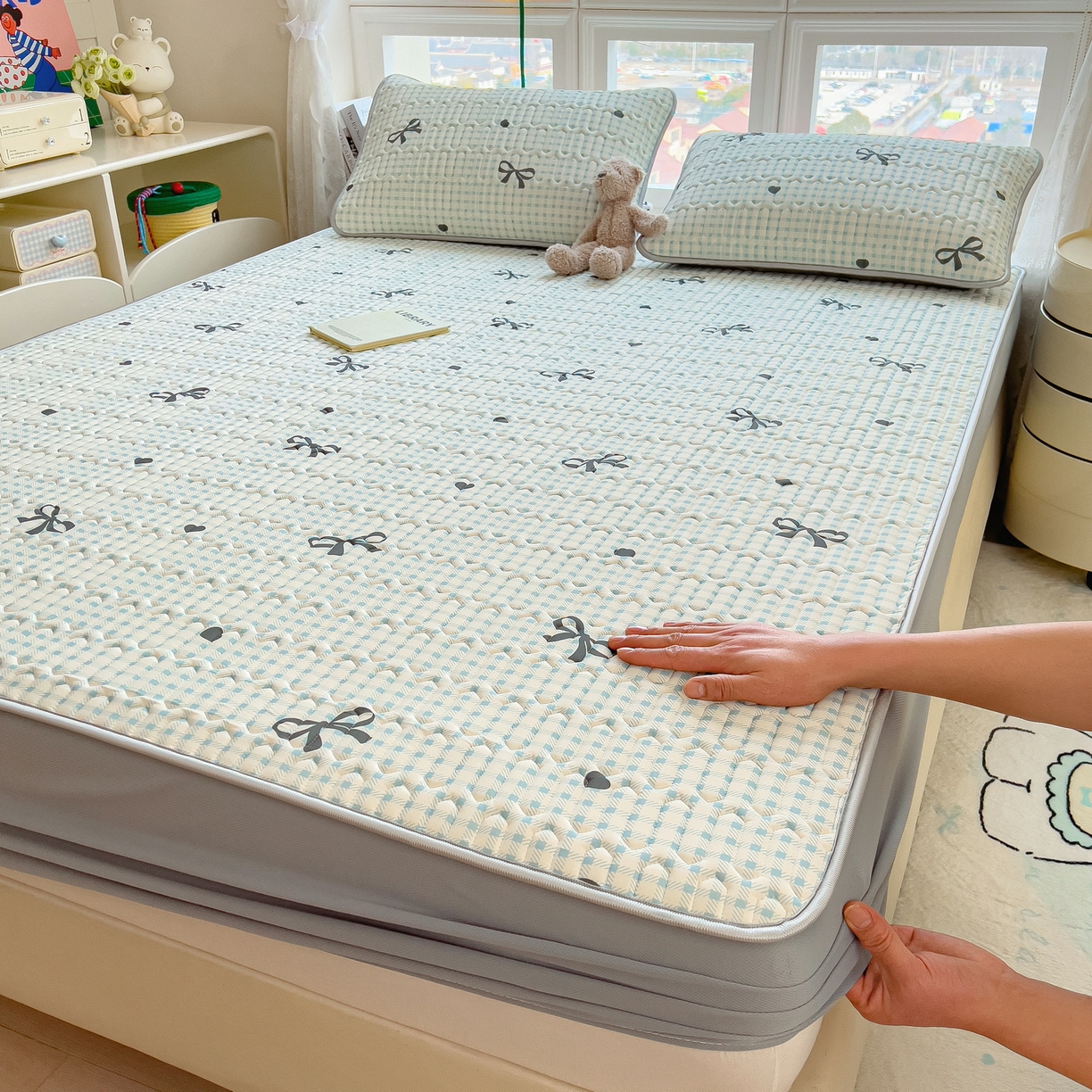 丝羽坊 2026新款高密凉感丝印花乳胶凉席-床笠款 格纹蝶影