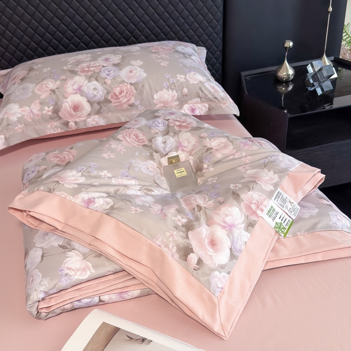 91家纺网 家纺一手货源 找家纺 赛丽雅 2026新款拼角轻奢冰丝凉感夏被四件套 莫奈花园-灰