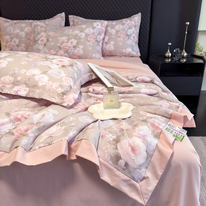 91家纺网 家纺一手货源 找家纺 赛丽雅 2026新款拼角轻奢冰丝凉感夏被四件套 莫奈花园-灰