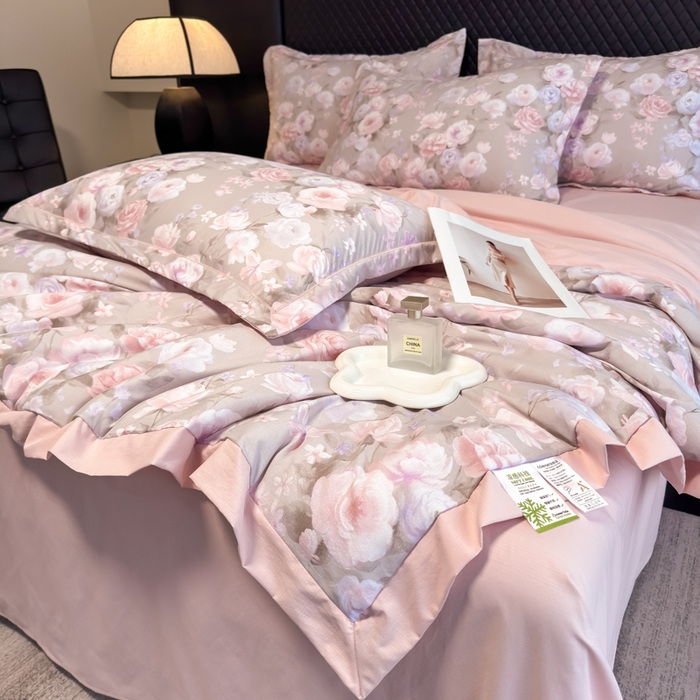 91家纺网 家纺一手货源 找家纺 赛丽雅 2026新款拼角轻奢冰丝凉感夏被四件套 莫奈花园-灰
