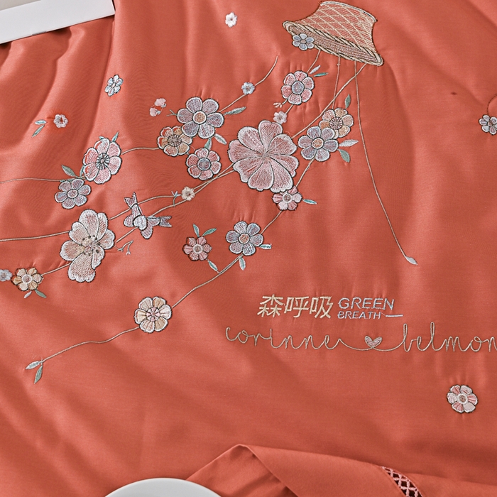 91家纺网 家纺一手货源 找家纺 太阳羽家纺 2026新款天丝绣花镂空夏被夏凉被空调被--深呼吸 深呼吸-橘色