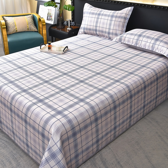 91家纺网 家纺一手货源 找家纺 念家居 2026新款轻奢可机洗水洗床单款高密大版斜纹冰丝凉席三件套 蓝灰格纹