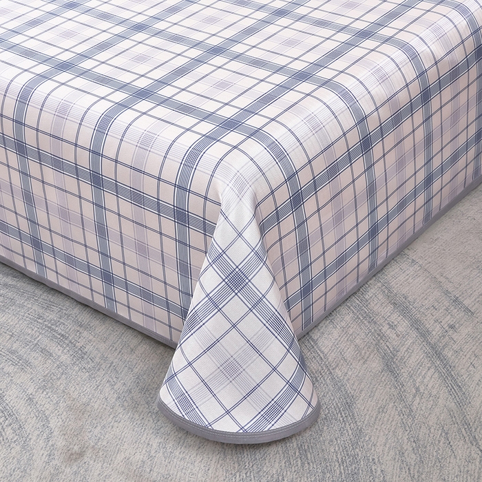 91家纺网 家纺一手货源 找家纺 念家居 2026新款轻奢可机洗水洗床单款高密大版斜纹冰丝凉席三件套 蓝灰格纹