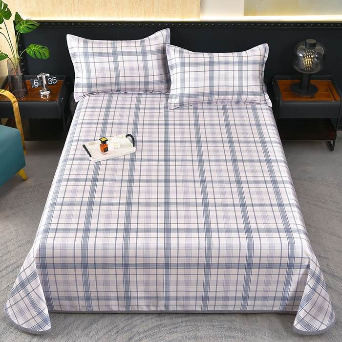 念家居 2026新款轻奢可机洗水洗床单款高密大版斜纹冰丝凉席三件套 蓝灰格纹