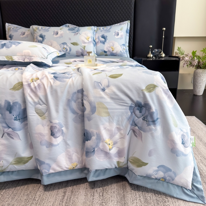 91家纺网 家纺一手货源 找家纺 赛丽雅 2026新款拼角轻奢冰丝凉感夏被四件套 云兮