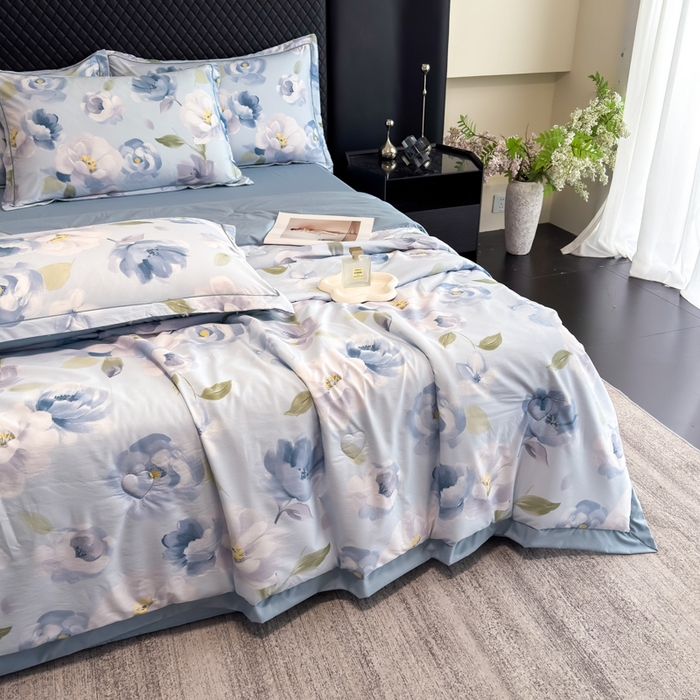 91家纺网 家纺一手货源 找家纺 赛丽雅 2026新款拼角轻奢冰丝凉感夏被四件套 云兮