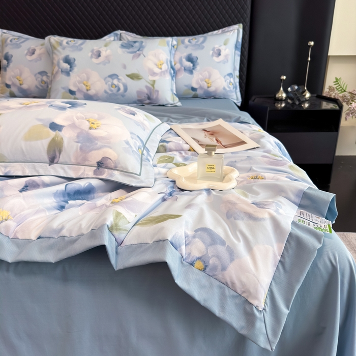 91家纺网 家纺一手货源 找家纺 赛丽雅 2026新款拼角轻奢冰丝凉感夏被四件套 云兮
