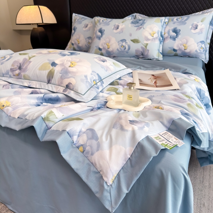 91家纺网 家纺一手货源 找家纺 赛丽雅 2026新款拼角轻奢冰丝凉感夏被四件套 云兮