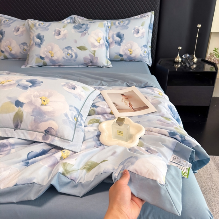 91家纺网 家纺一手货源 找家纺 赛丽雅 2026新款拼角轻奢冰丝凉感夏被四件套 云兮