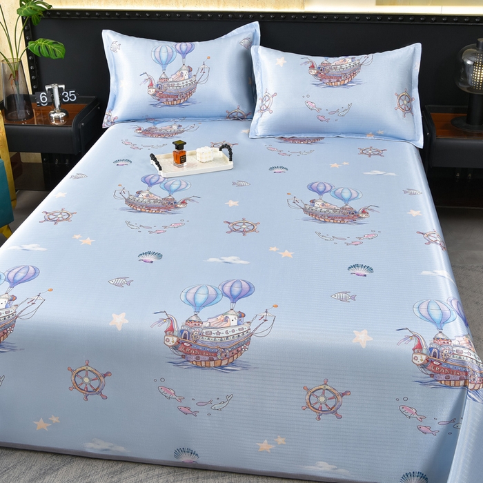 91家纺网 家纺一手货源 找家纺 念家居 2026新款轻奢可机洗水洗床单款高密大版斜纹冰丝凉席三件套 浅蓝卡通