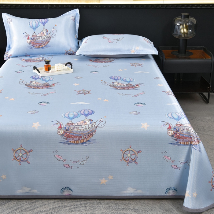 91家纺网 家纺一手货源 找家纺 念家居 2026新款轻奢可机洗水洗床单款高密大版斜纹冰丝凉席三件套 浅蓝卡通