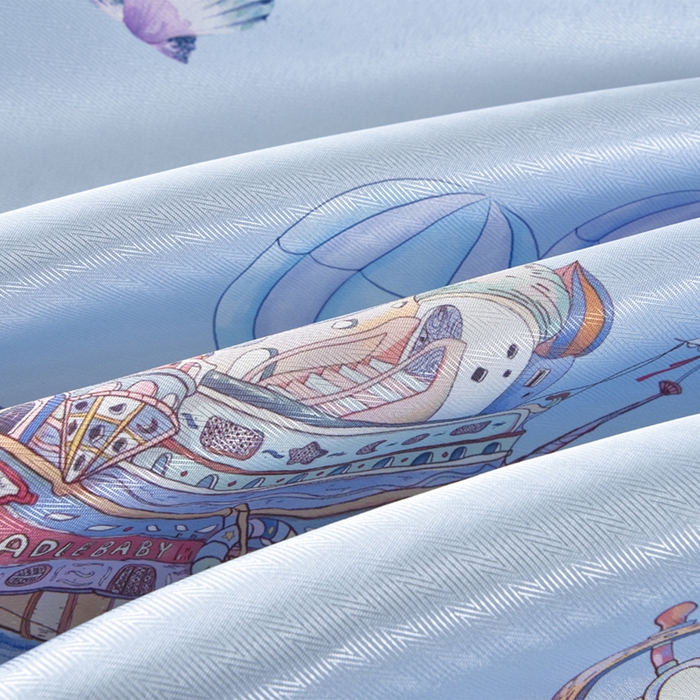 91家纺网 家纺一手货源 找家纺 念家居 2026新款轻奢可机洗水洗床单款高密大版斜纹冰丝凉席三件套 浅蓝卡通