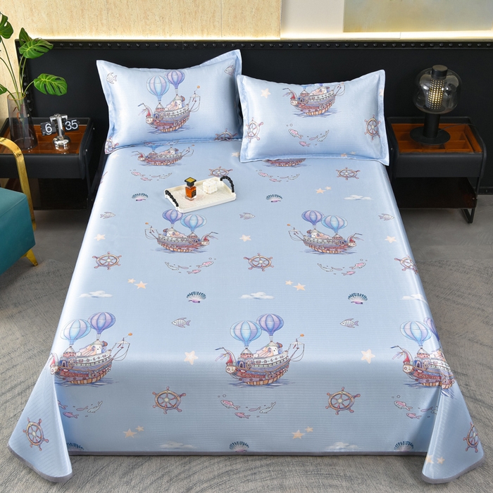 念家居 2026新款轻奢可机洗水洗床单款高密大版斜纹冰丝凉席三件套 浅蓝卡通