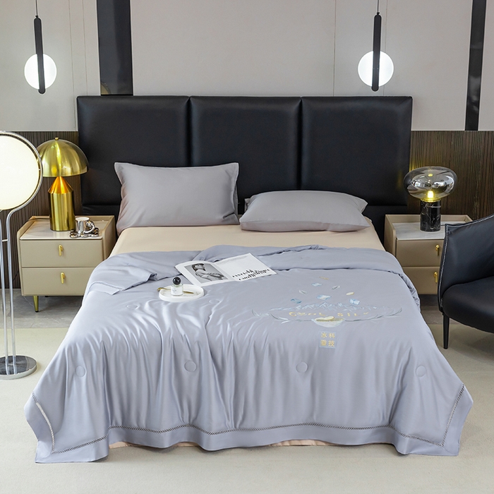 太阳羽家纺 2026新款40s冰蚕科技天丝镂空夏被绣花夏凉被空调被子 清雅冰-灰